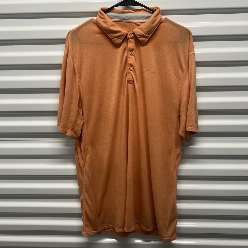Patagonia Mens Polo Shirt LG Recycled‎ Polyester Orange Worn Wear Hiking Travel